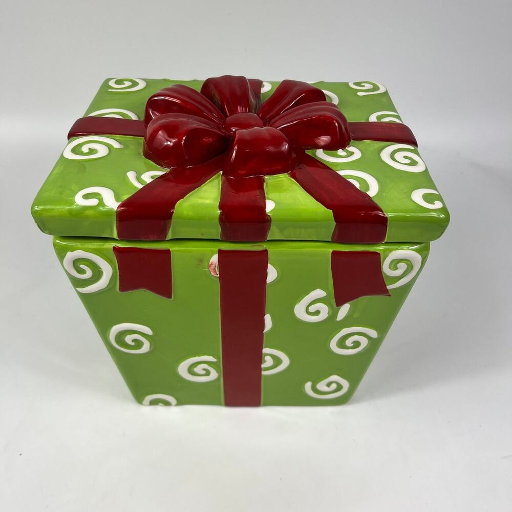Ceramic Gift Box Canister Christmas Present Cookie Jar Green Red Ribbon Ceramic